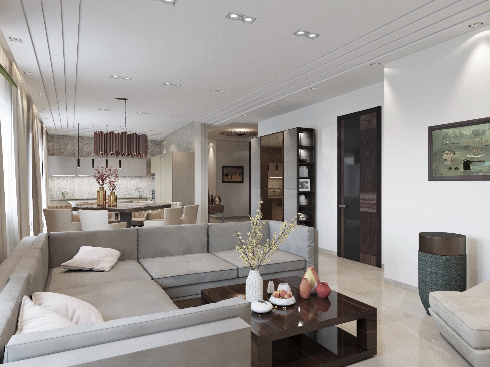 Jasne, przestronne wnętrze salonu z narożną sofą w odcieniach szarości, stolikiem kawowym z dekoracjami, widokiem na jadalnię i kuchnię w tle, oświetlenie punktowe na suficie i designerska lampa...