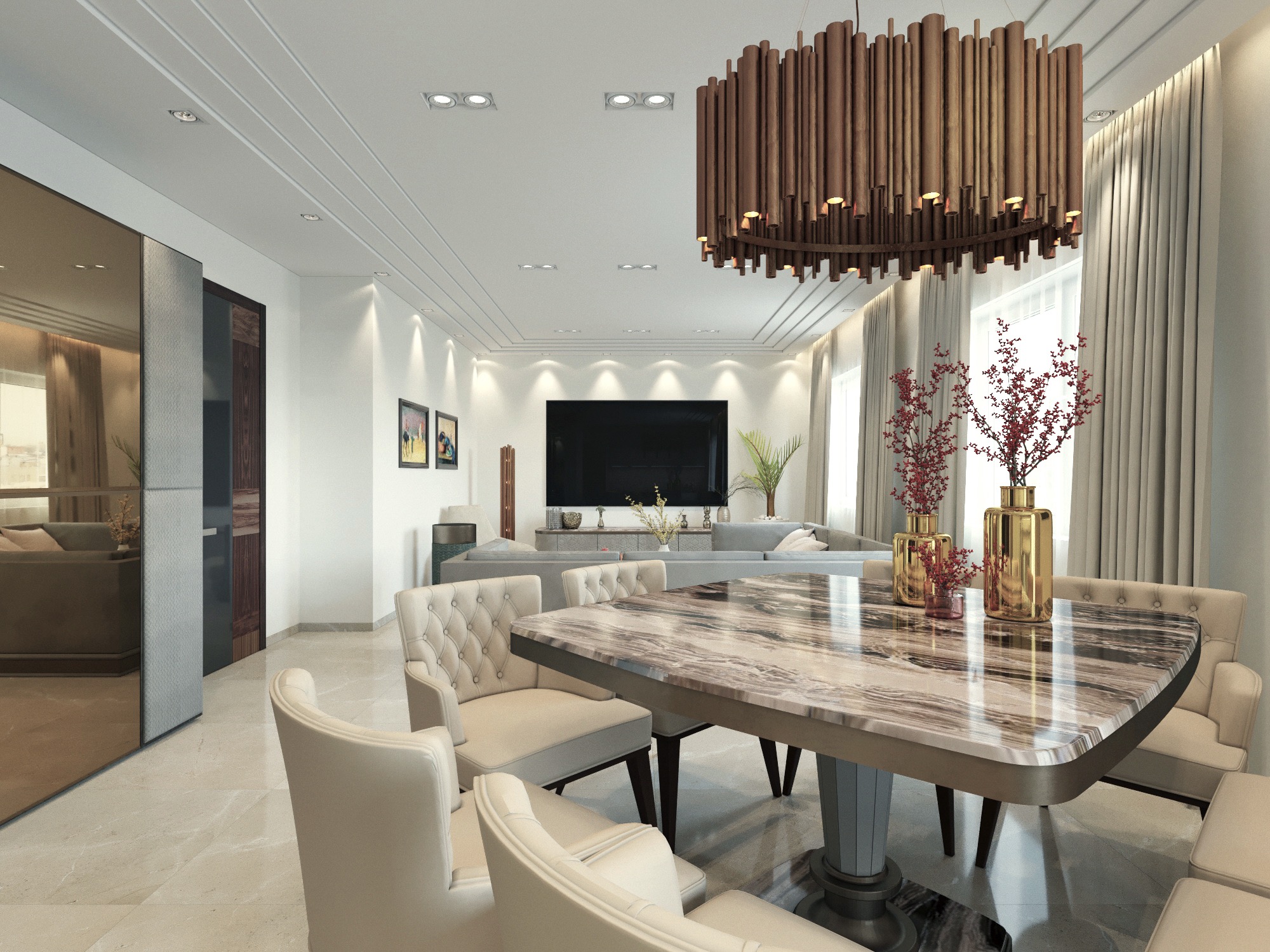 Eleganckie wnętrze jadalni z marmurowym stołem, kremowymi krzesłami z pikowaniem, designerską lampą wiszącą z drewnianych rurek i widokiem na salon z telewizorem.