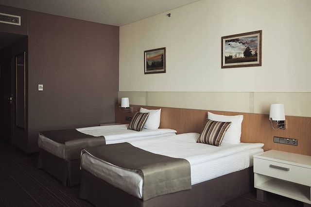 Pokój hotelowy z dwoma pojedynczymi łóżkami, brązowymi narzutami i poduszkami w paski, oświetleniem ściennym i obrazami na ścianach.