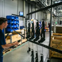 Pracownik w hali produkcyjnej z czarnymi, metalowymi elementami zawieszonymi na wieszakach, prawdopodobnie po procesie malowania proszkowego, z widocznymi drewnianymi skrzyniami i regałami w tle.