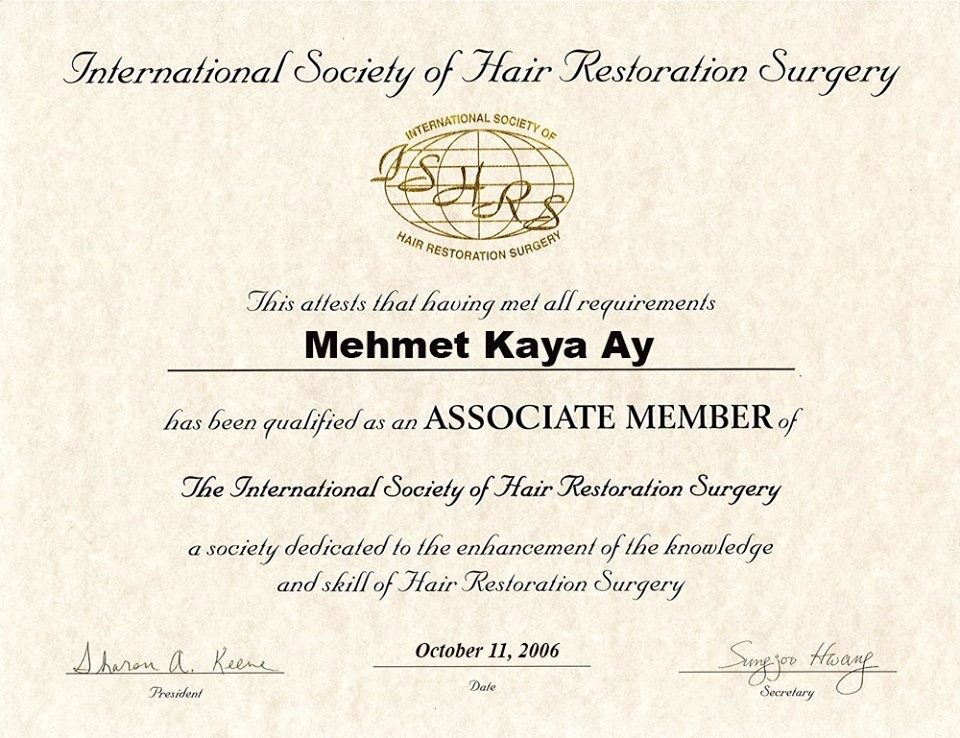 Certyfikat przynależności do International Society of Hair Restoration Surgery dla Mehmet Kaya Ay, wydany 11 października 2006 roku.