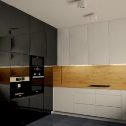 Nowoczesna kuchnia z czarnymi i białymi błyszczącymi frontami, drewnianym blatem i zabudowanymi sprzętami AGD.