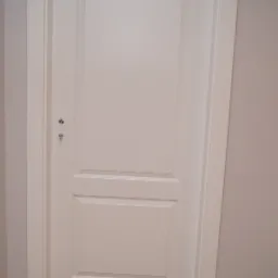 Białe drzwi wewnętrzne z dwoma panelami i zaokrąglonym górnym panelem, zamontowane w szarej ścianie, widoczne na podłodze z paneli.