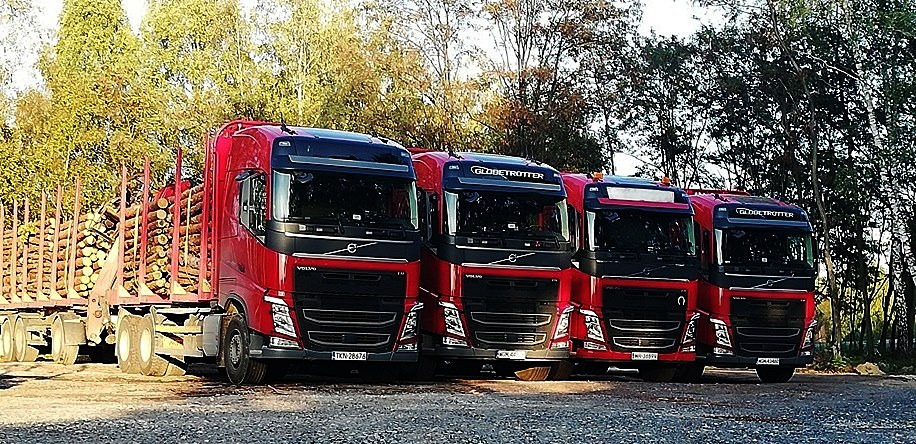 Czerwone ciężarówki Volvo Globetrotter zaparkowane w rzędzie, jedna z nich załadowana drewnem na tle drzew.