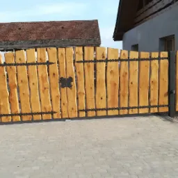 Drewniana brama wjazdowa z nieregularnych desek i metalowymi zdobieniami, widok z zewnątrz na tle budynków, z pomarańczowym kotem siedzącym na kostce brukowej.