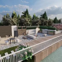 Wizualizacja zagospodarowania przestrzeni przydomowej z tarasem nad wodą, miejscem do grillowania z paleniskiem, strefą relaksu z huśtawką i ścianką wspinaczkową dla dzieci.