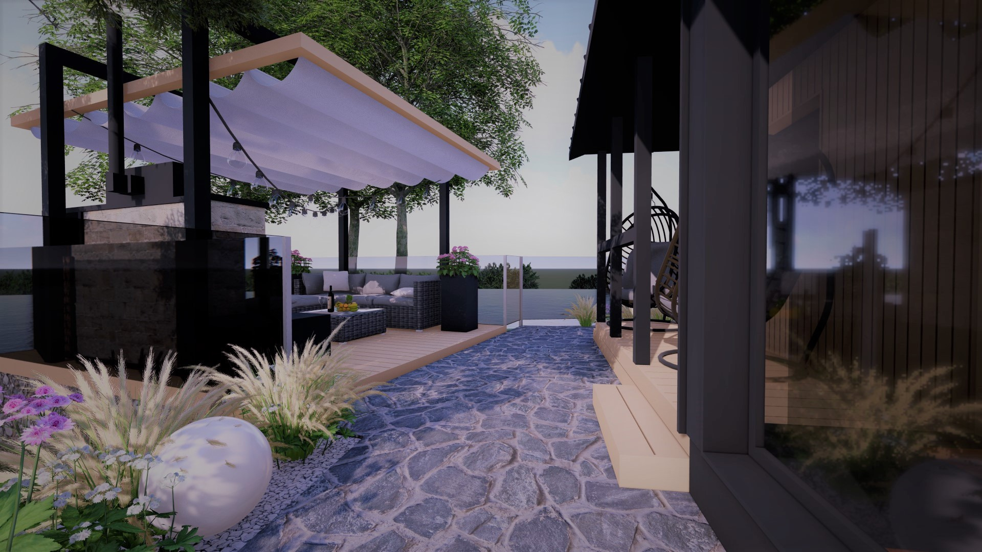 Wizualizacja tarasu z kamienną ścieżką, zadaszeniem z tkaniny i meblami ogrodowymi, uzupełniona ozdobnymi trawami i kulistą dekoracją.