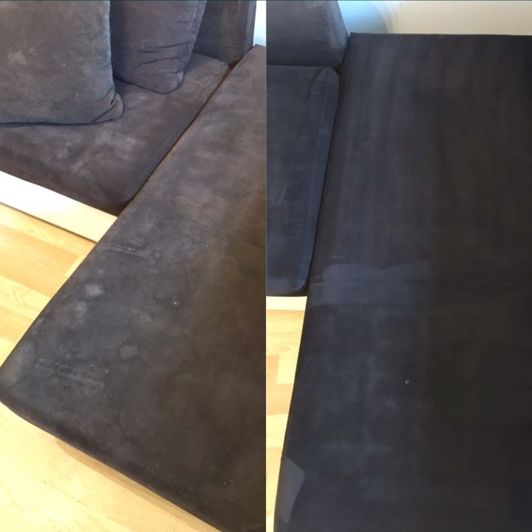 Porównanie stanu tapicerki narożnika przed i po czyszczeniu, widoczne plamy i przebarwienia usunięte, jasne drewniane elementy konstrukcyjne.