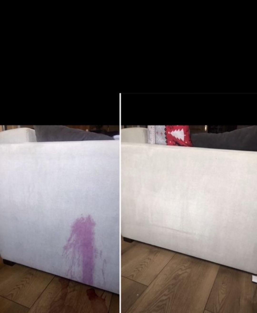 Biała tapicerka sofy przed i po usunięciu fioletowej plamy, widoczne drewniane nóżki i podłoga z paneli.