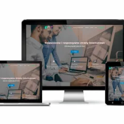 Prezentacja responsywnej strony internetowej na monitorze, laptopie, tablecie i smartfonie, z widocznym logo firmy EAT WEB i hasłem 'Nowoczesne i responsywne strony internetowe'