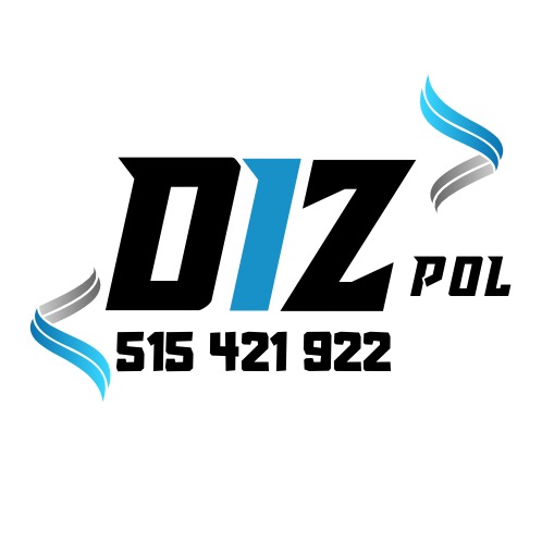 Logo firmy DIZ POL z numerem telefonu 515 421 922, czarne litery z niebieskim akcentem i stylizowane fale po bokach.