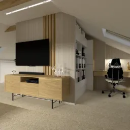 Wizualizacja poddasza z telewizorem, szafką RTV z drewna, regałem na dokumenty i biurkiem z krzesłem biurowym w neutralnej kolorystyce.
