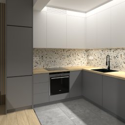 EF-KA Studio Design EWA WESOŁEK-PRZYCHODZKA - Wizualizacja kuchni w odcieniach szarości i bieli z blatem imitującym drewno i mozaiką na ścianie, minimalistyczny design, nowoczesna armatura.