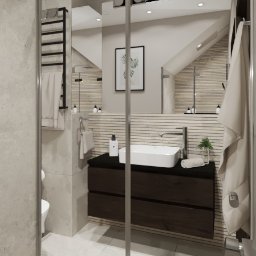 EF-KA Studio Design EWA WESOŁEK-PRZYCHODZKA - Nowoczesna łazienka z umywalką nablatową, szafką z ciemnego drewna, lustrem, grzejnikiem drabinkowym i akcentami w postaci roślin w szklanym wazonie.