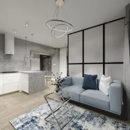 Wizualizacja otwartej przestrzeni: kuchnia z białymi szafkami i wyspą z szarego lastryko, połączona z salonem z błękitną sofą, szklanym stolikiem i dywanem w odcieniach błękitu i bieli, oświetlona...