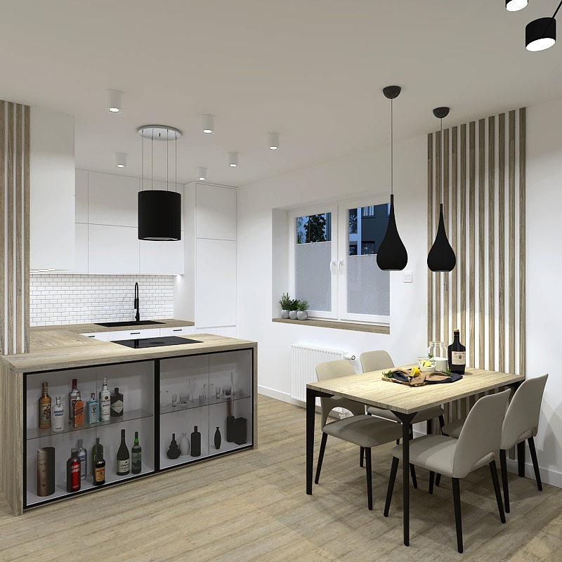 Nowoczesna, jasna kuchnia z wyspą, przeszklonym barkiem, białymi szafkami, ceglanymi płytkami nad blatem, drewnianym stołem z czterema krzesłami i czarnymi, wiszącymi lampami w kształcie kropli.
