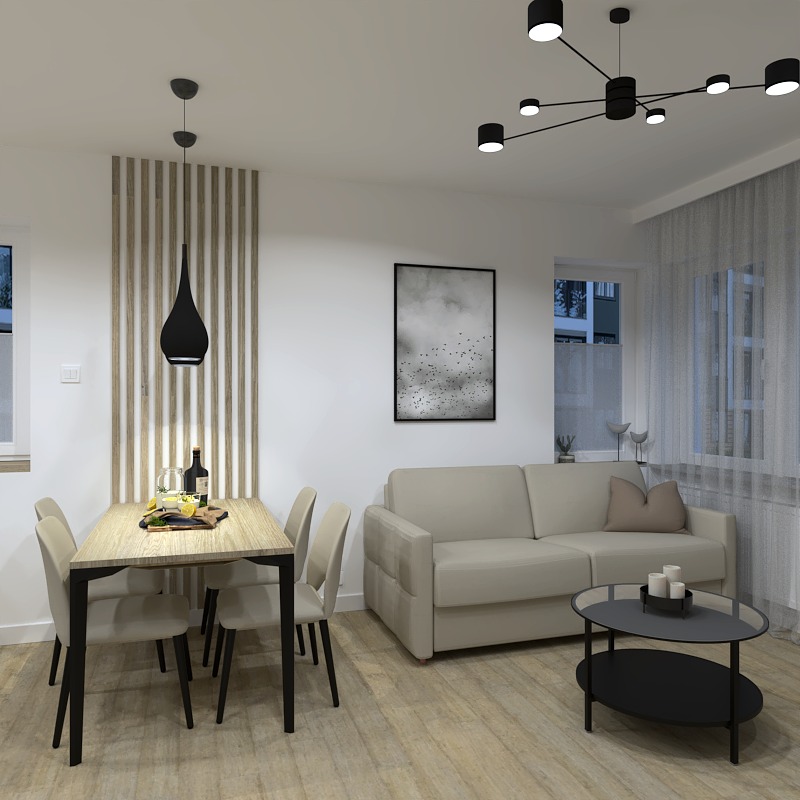 Wizualizacja wnętrza: stół jadalny z owocami i napojami, beżowa sofa z poduszką, okrągły stolik kawowy ze świecami, nowoczesne oświetlenie sufitowe i grafika na ścianie.