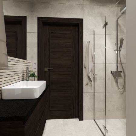 Nowoczesna łazienka z ciemnymi drewnianymi akcentami: szafka pod umywalką z czarnym blatem, biała umywalka nablatowa, lustro, ciemne drzwi, kabina prysznicowa z deszczownicą i biały ręcznik.