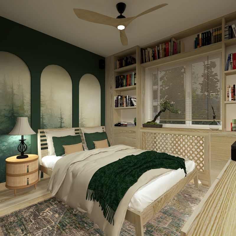 Nowoczesna sypialnia z łóżkiem z jasnego drewna, zielonym pledem i poduszkami, lampką nocną z rattanową podstawą oraz ścianą z motywem leśnym i wbudowanymi półkami na książki.