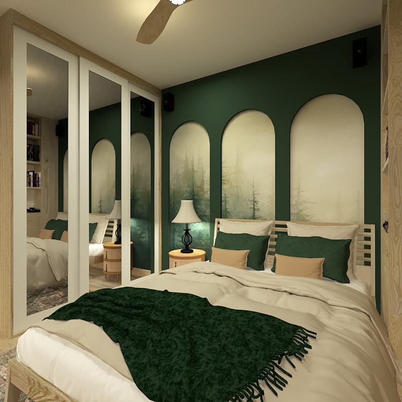 Sypialnia w odcieniach zieleni z łóżkiem, ciemnozielonym pledem i tapetą z motywem lasu za wezgłowiem. Po lewej stronie szafa z lustrzanymi drzwiami.