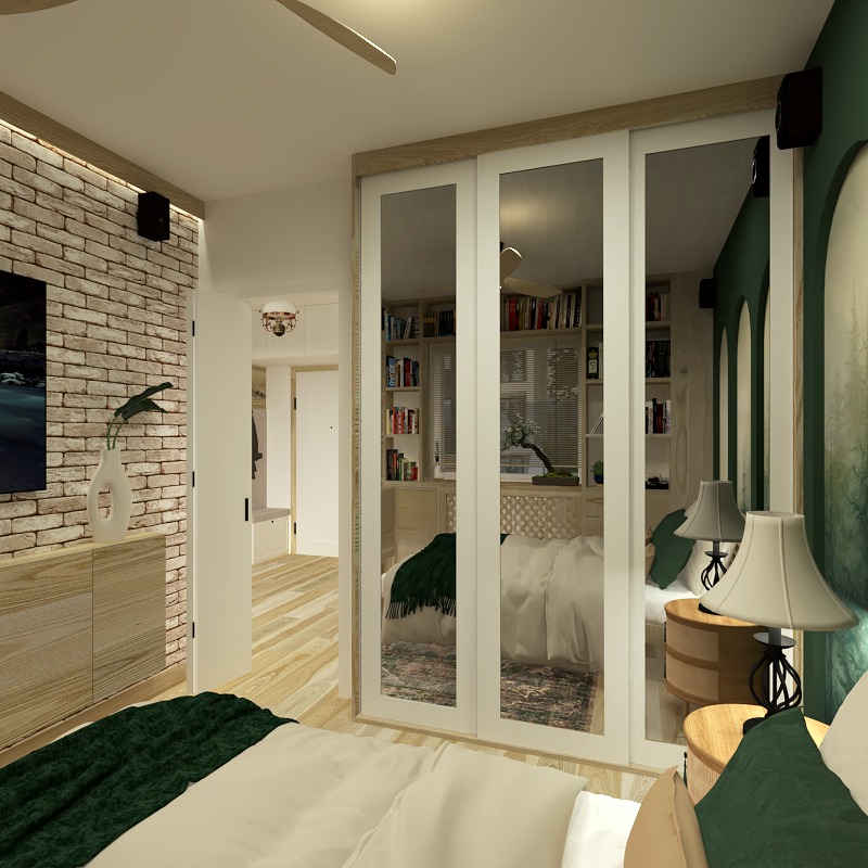 Wizualizacja sypialni z ceglaną ścianą, przesuwnymi drzwiami z lustrami odbijającymi biblioteczkę, zielonymi akcentami i nowoczesnym oświetleniem.