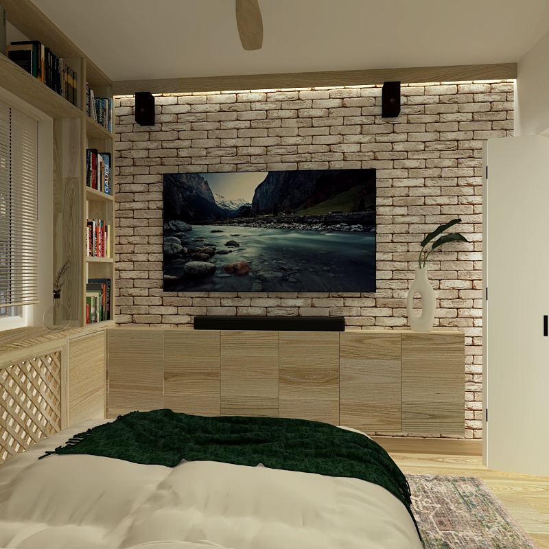 Wizualizacja sypialni z ceglaną ścianą, telewizorem wyświetlającym górski krajobraz, drewnianą zabudową meblową, regałem z książkami i łóżkiem z zieloną narzutą.