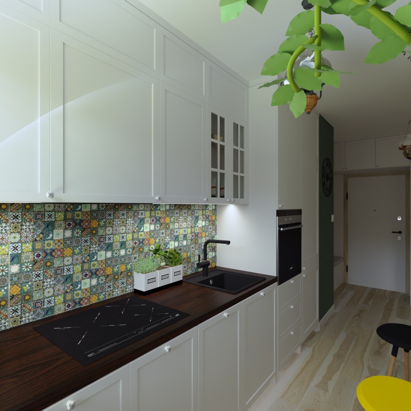 Wizualizacja kuchni z białymi szafkami, drewnianym blatem, kolorową mozaiką na ścianie, czarnym zlewem i płytą indukcyjną. Na blacie doniczka z ziołami. Widoczny fragment salonu z zieloną ścianą...