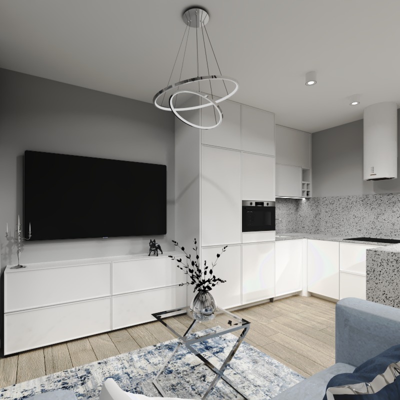 Wizualizacja nowoczesnego wnętrza: salon z aneksem kuchennym, białe meble, designerska lampa wisząca, telewizor na ścianie, szklany stolik kawowy i wzorzysty dywan.