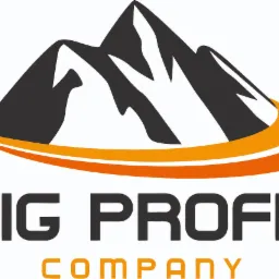 Logo firmy Big Profit Company z motywem górskim w kolorach szaro-biało-pomarańczowych.