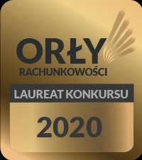 Złota statuetka 'Orły Rachunkowości' z napisem 'Laureat Konkursu 2020', na ciemnym tle.