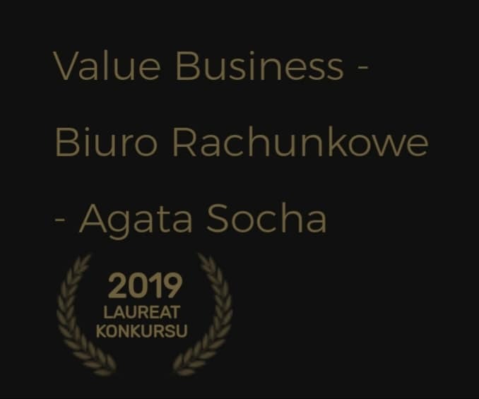 Grafika z tekstem 'Value Business - Biuro Rachunkowe - Agata Socha' oraz symbolem laureata konkursu z rokiem 2019, wszystko w kolorze złotym na ciemnym tle.