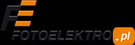 Logo firmy Fotoelektro.pl z geometrycznym symbolem z liter F i E w kolorze czarnym i pomarańczowym na czarnym tle.