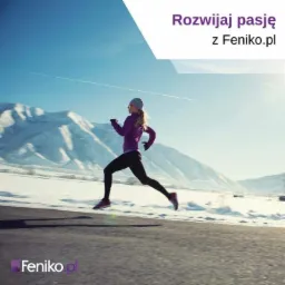 Kobieta biegnie po asfalcie w zimowym krajobrazie, w tle ośnieżone góry, nad nią napis Rozwijaj pasję z Feniko.pl i logo Feniko.pl w rogu.