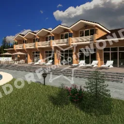 Wizualizacja dwukondygnacyjnego domu z bali z basenem, tarasem i leżakami w słoneczny dzień.