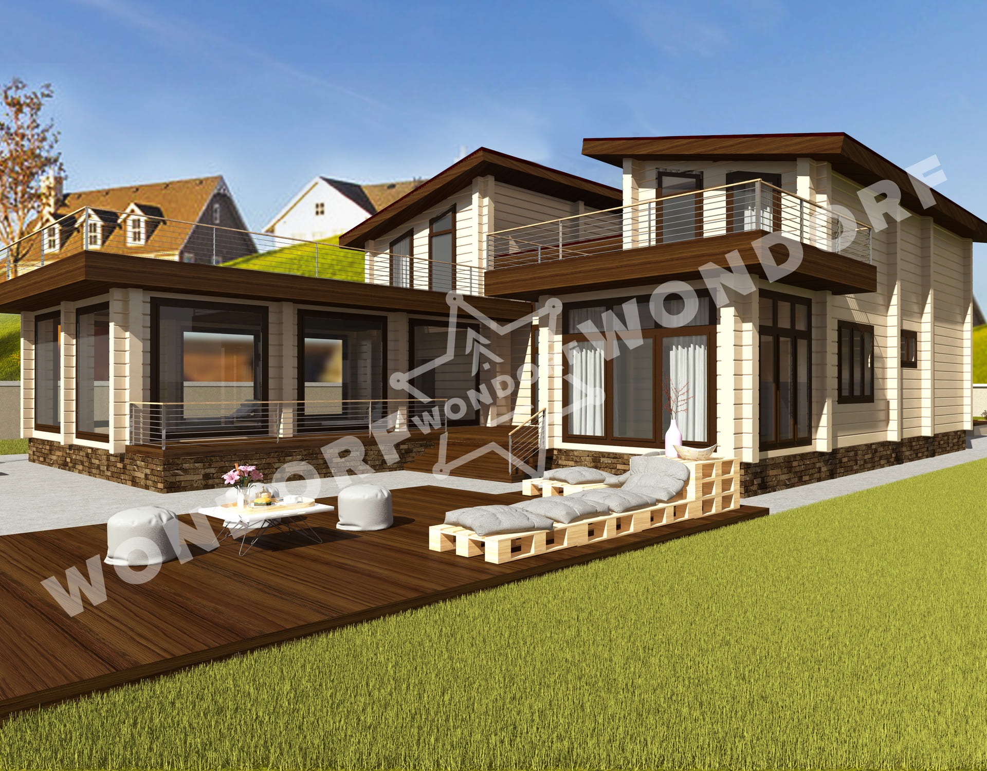 Wizualizacja dwukondygnacyjnego domu z bali z drewnianym tarasem, leżanką z palet i białymi pufami, na tle zielonego trawnika i innych domów.