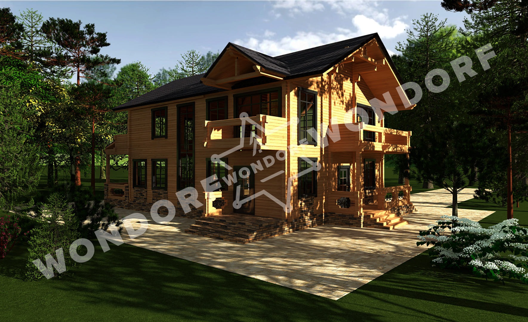 Wizualizacja dwukondygnacyjnego domu z bali z balkonami, wykończonego kamieniem, otoczonego drzewami i brukowanym podjazdem.