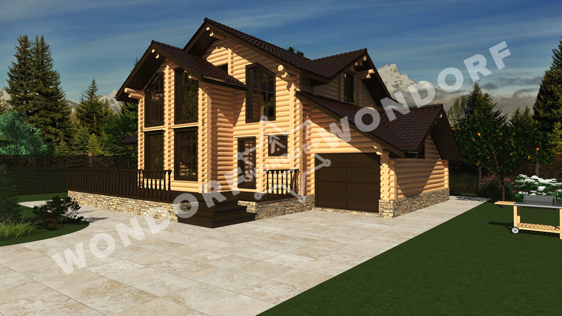 Wizualizacja dwukondygnacyjnego domu z bali z garażem, brunatnym dachem i dużymi oknami, otoczonego zielenią i górskim krajobrazem w tle.