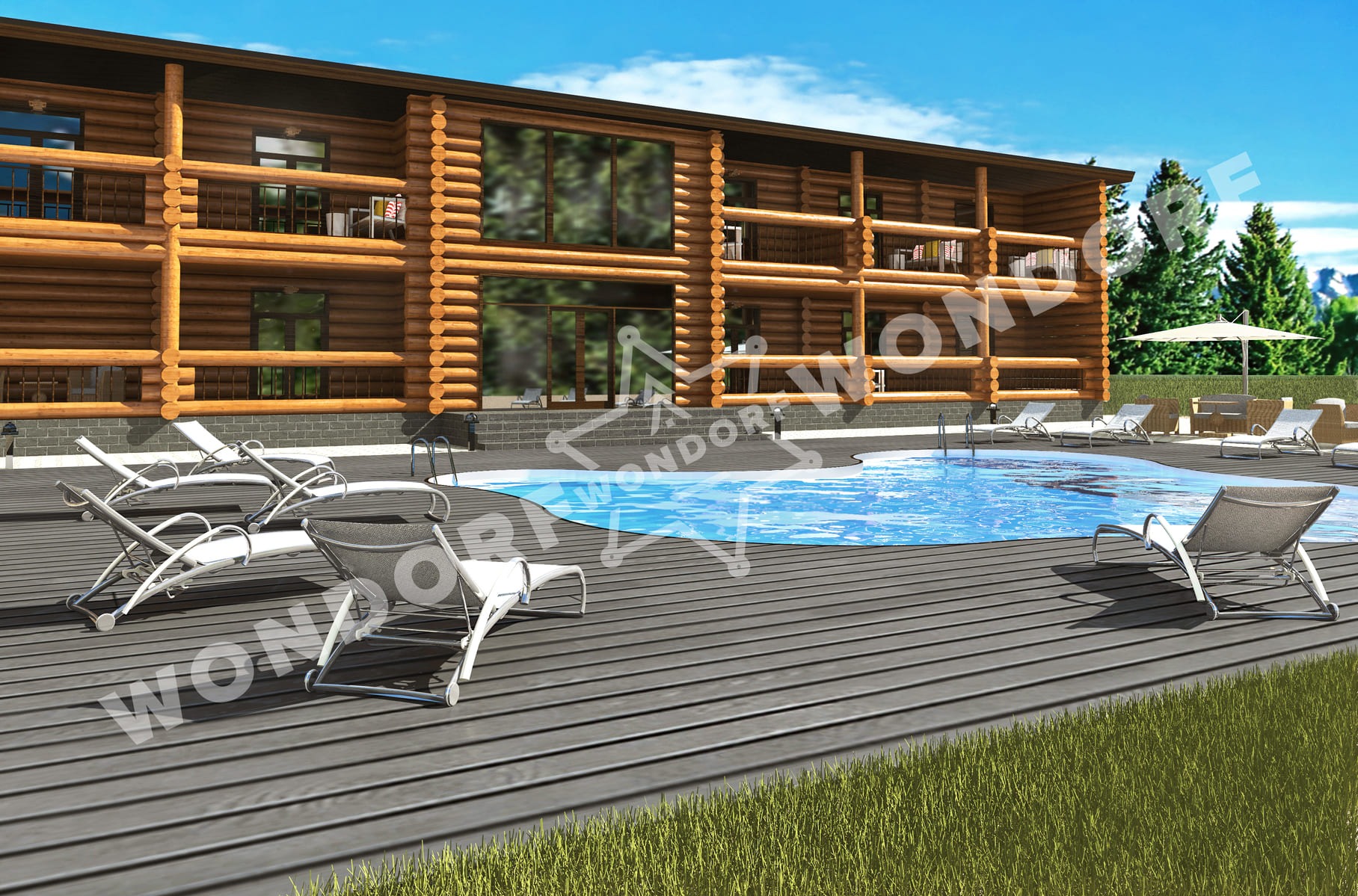 Dwupiętrowy dom z bali z dużymi oknami, balkonami i basenem na drewnianym tarasie, otoczony zielenią i błękitnym niebem.