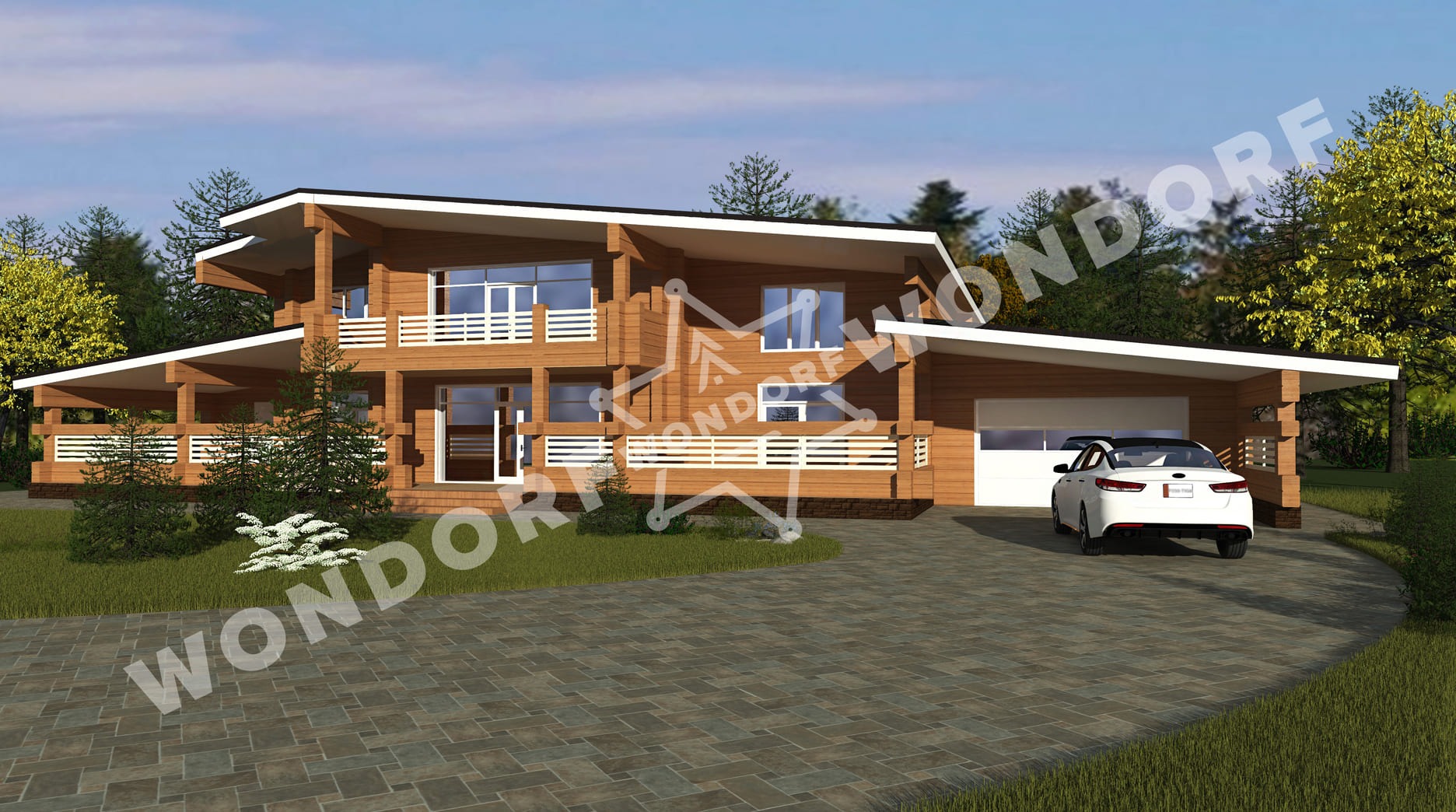 Wizualizacja dwukondygnacyjnego domu z bali z garażem w Krakowie, z białym samochodem na podjeździe z kostki brukowej.