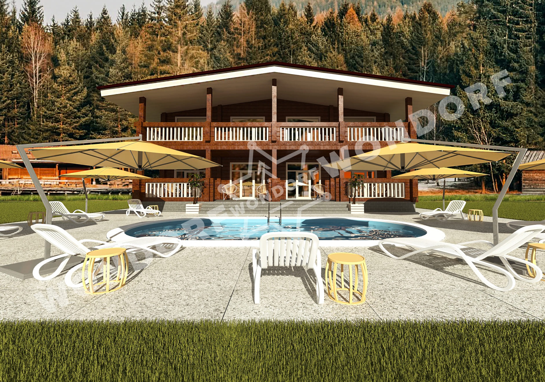 Dwukondygnacyjny dom z brązowych bali z białymi balustradami balkonów, basenem i leżakami, otoczony lasem.