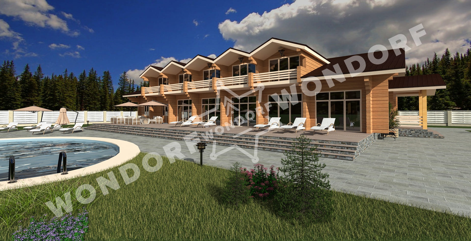 Wizualizacja dwukondygnacyjnego domu z bali z basenem, tarasem i leżakami w słoneczny dzień.