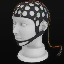 Wizualizacja produktu: Manekin głowy z czarną, dziurkowaną czapką EEG z elektrodami i kolorowymi przewodami.