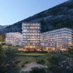 Wizualizacja kompleksu budynków wielorodzinnych z charakterystycznymi balkonami, wkomponowanego w zalesione wzgórze o zmierzchu.