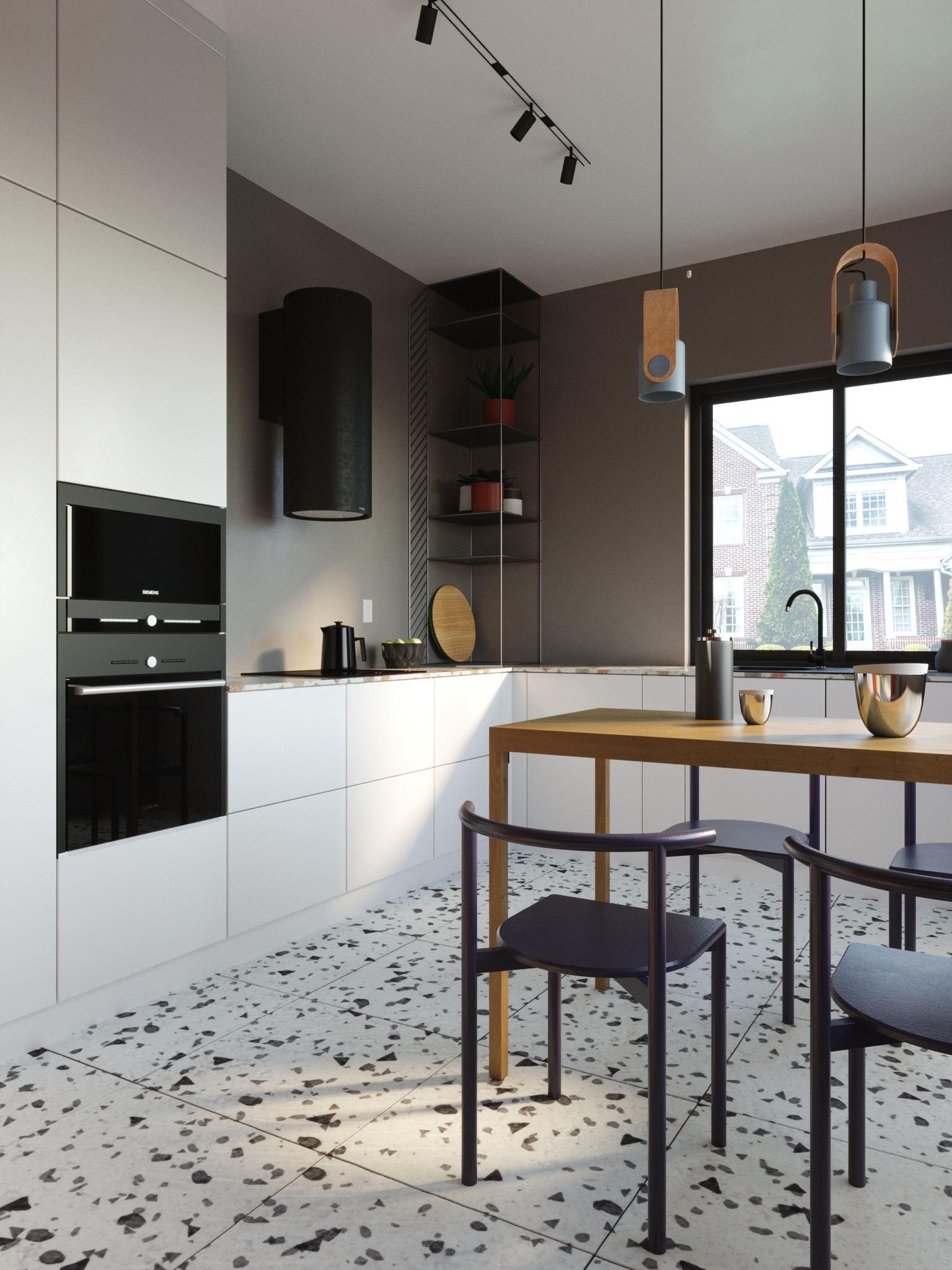 Nowoczesna kuchnia w minimalistycznym stylu z białymi frontami szafek, czarnym okapem i piekarnikiem marki Siemens, drewnianym stołem z krzesłami oraz podłogą z lastryko.