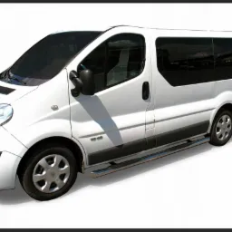 Biały van z przyciemnianymi szybami i srebrnymi progami, widoczny z boku, na białym tle.