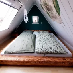 Drewniane łóżko w pokoju na poddaszu o skośnych ścianach, z oknem dachowym i dekoracjami w stylu boho.