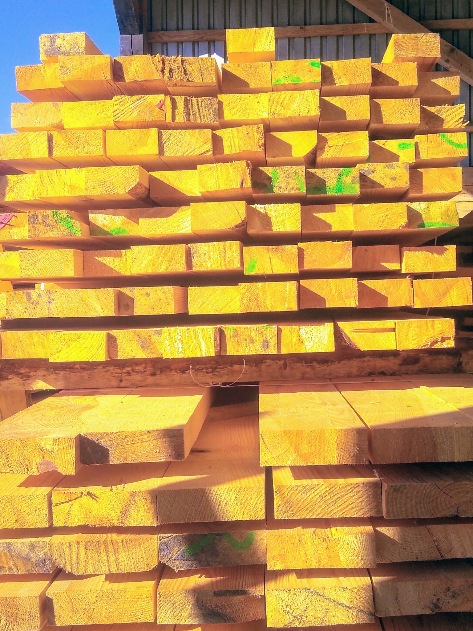 Stos tarcicy ułożonej warstwami w magazynie, widoczne zielone oznaczenia na niektórych elementach, oświetlone jasnym światłem słonecznym.