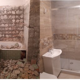 M.S. ALL-EURO Marcin Sobolewski - Zdjęcie porównawcze: łazienka przed i po, z widoczną starą instalacją, gruzem i nową kabiną prysznicową z przesuwnymi drzwiami oraz umywalką na postumencie.