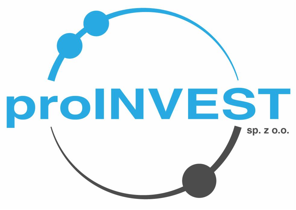 Niebiesko-szare logo firmy proINVEST sp. z o.o. z elementami graficznymi w postaci okręgów i łuków.