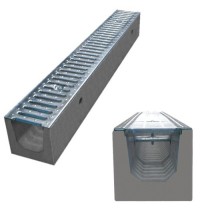 Odwodnienie liniowe betonowe z metalową kratką, widok z góry oraz przekrój poprzeczny prezentujący konstrukcję.